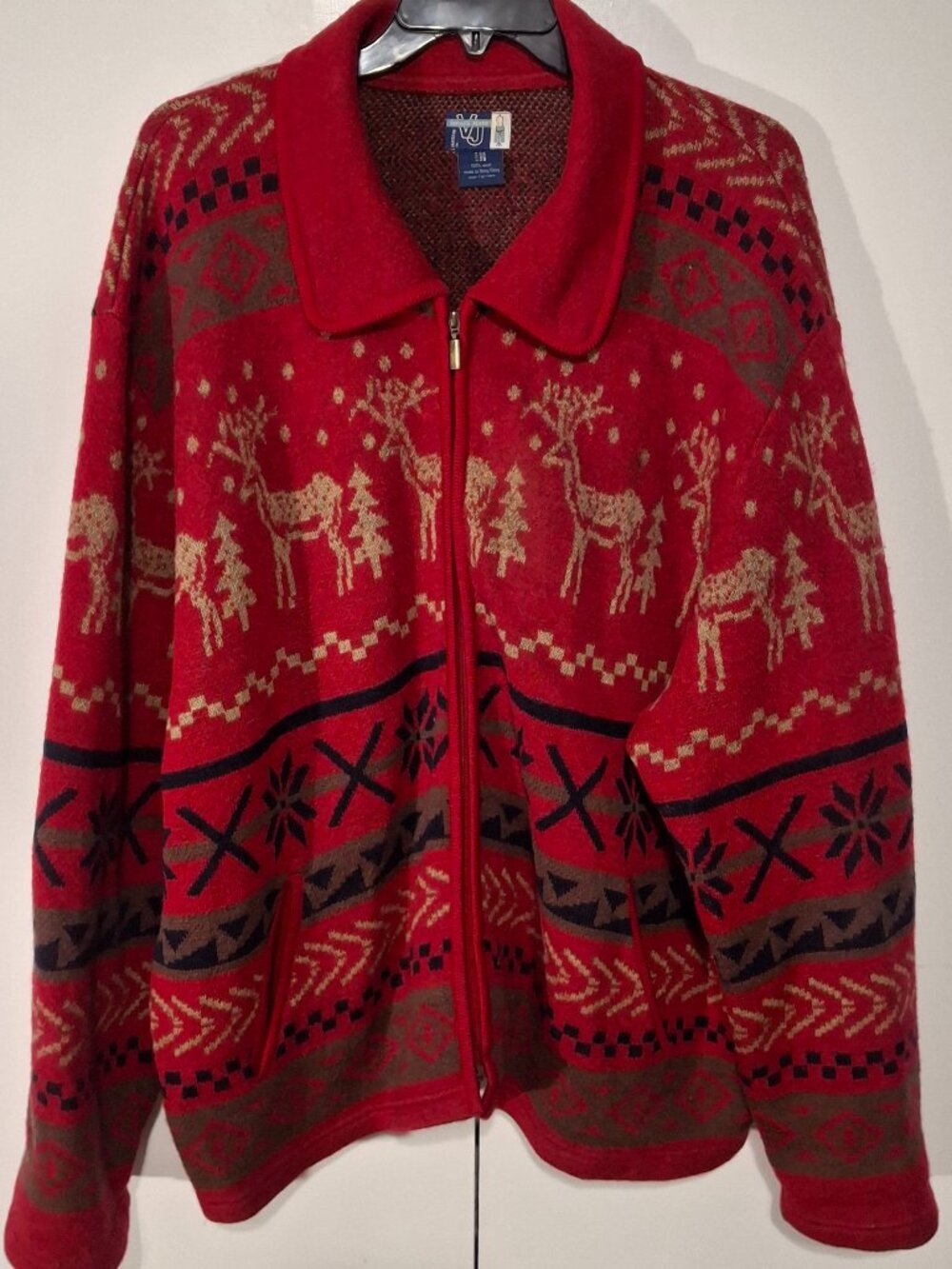 Vintage Venezia Jeans 100% Wool Red Reindeer Zip Up Sweater Jacket 26/28 Holiday - Picture 2 of 7